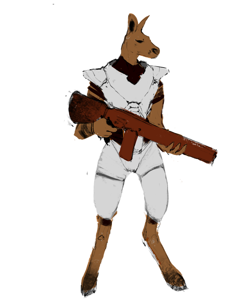 A D'Fidian kangaroo-like warrior with a rifle