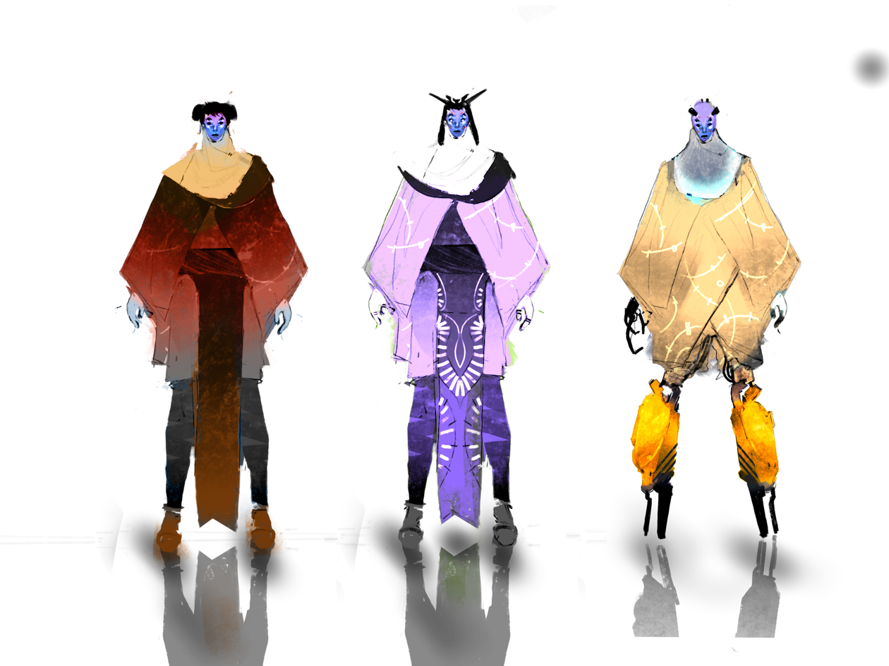 Three Ellosian figures in ceremonial robes