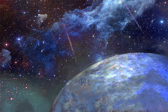 A distant planet amid a colorful nebula
