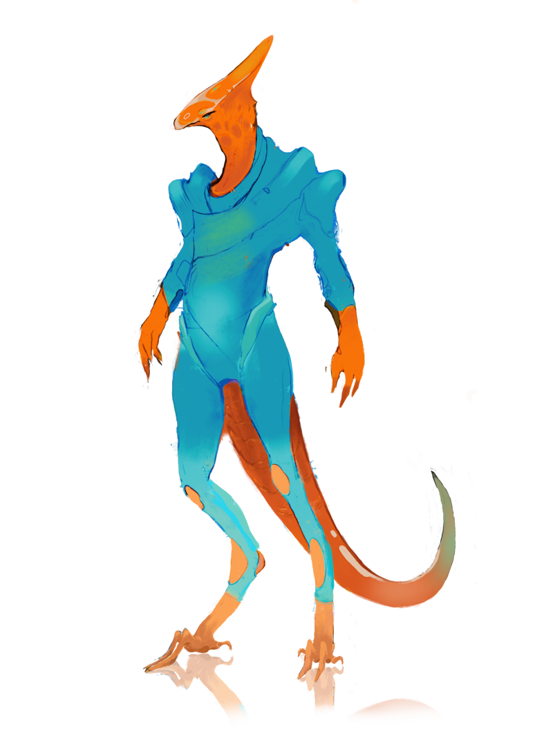 A Galrid reptilian in a teal and orange bodysuit